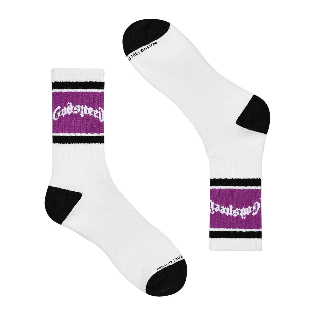 Godspeed OG Logo Striped White and Purple premium socks with classic striped detailing, OG logo, and premium one-pair packaging.