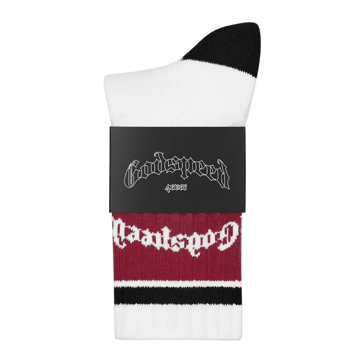 Godspeed OG Logo Striped White and Red premium socks packaged as one pair with classic striped detailing and OG logo.