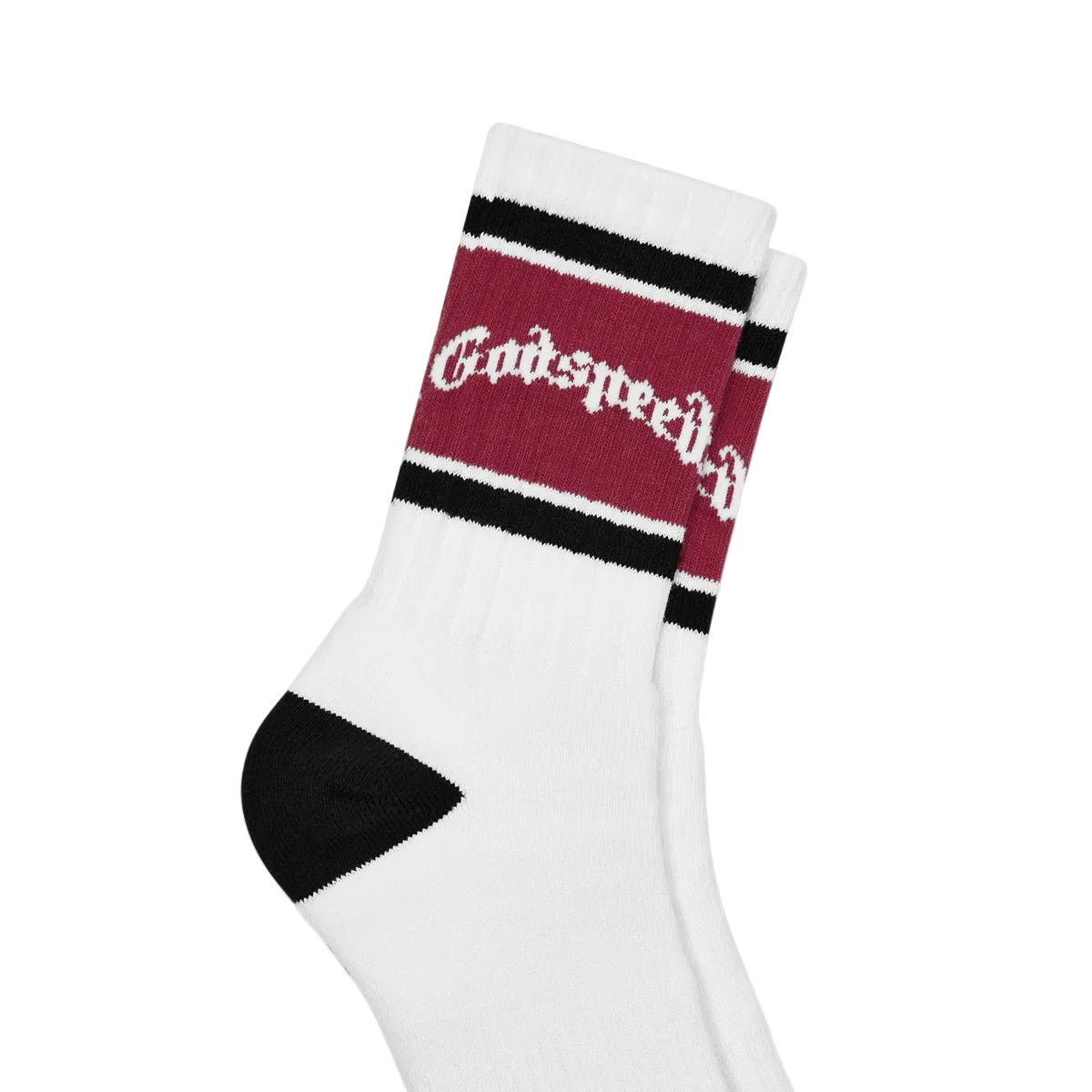 Godspeed OG Logo Striped White and Red premium socks packaged as one pair with classic striped detailing and OG logo.