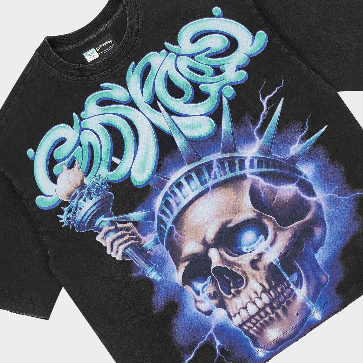 Godspeed Liberty Tears T-Shirt in black with limited edition art design and stone embellishments around the crown