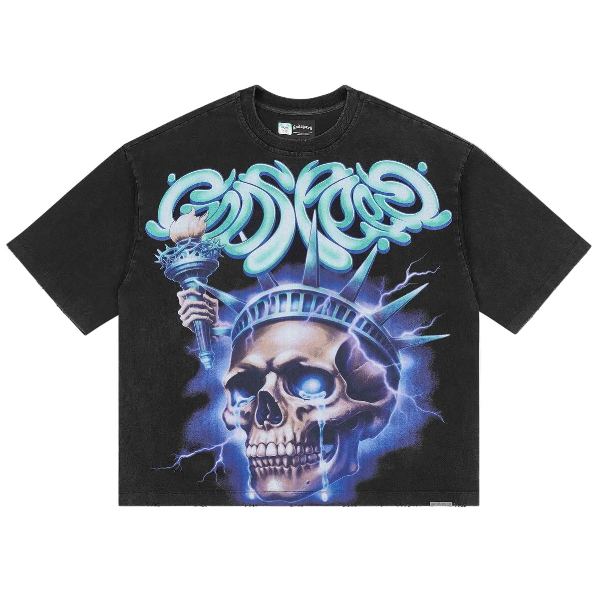 Godspeed Liberty Tears T-Shirt in black with limited edition art design and stone embellishments around the crown