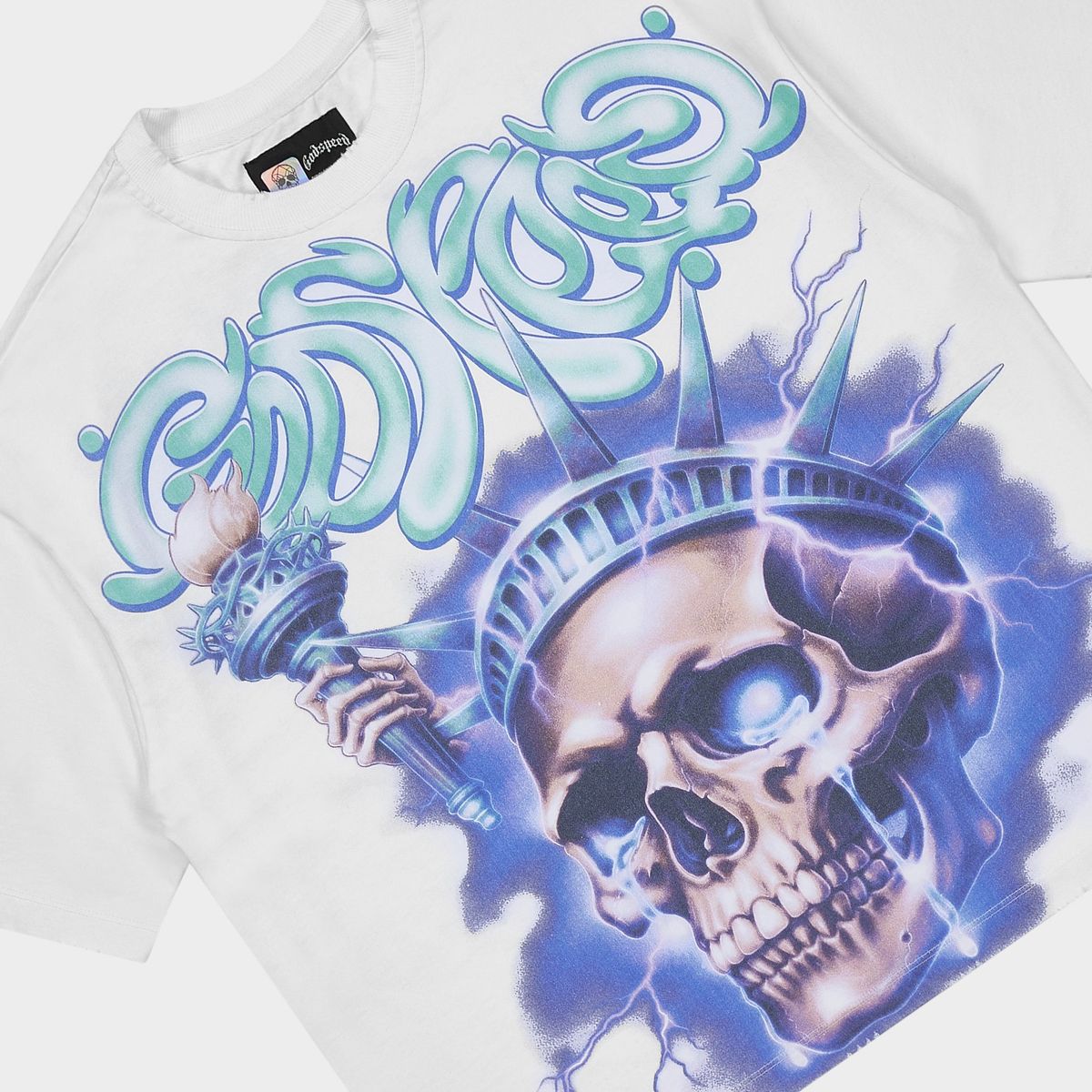 Godspeed Liberty Tears T-Shirt in snow with bold graphic design and mid-weight washed fabric