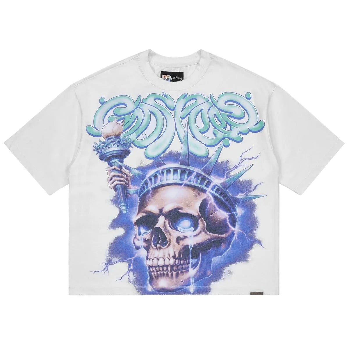 Godspeed Liberty Tears T-Shirt in snow with bold graphic design and mid-weight washed fabric