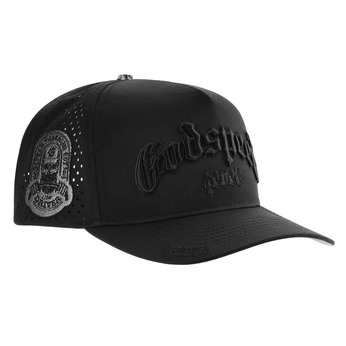 Godspeed OG Logo Water Resistant Hat in Stealth with hydrophobic crown panels, water-resistant and floatable construction, including a box and pin set.