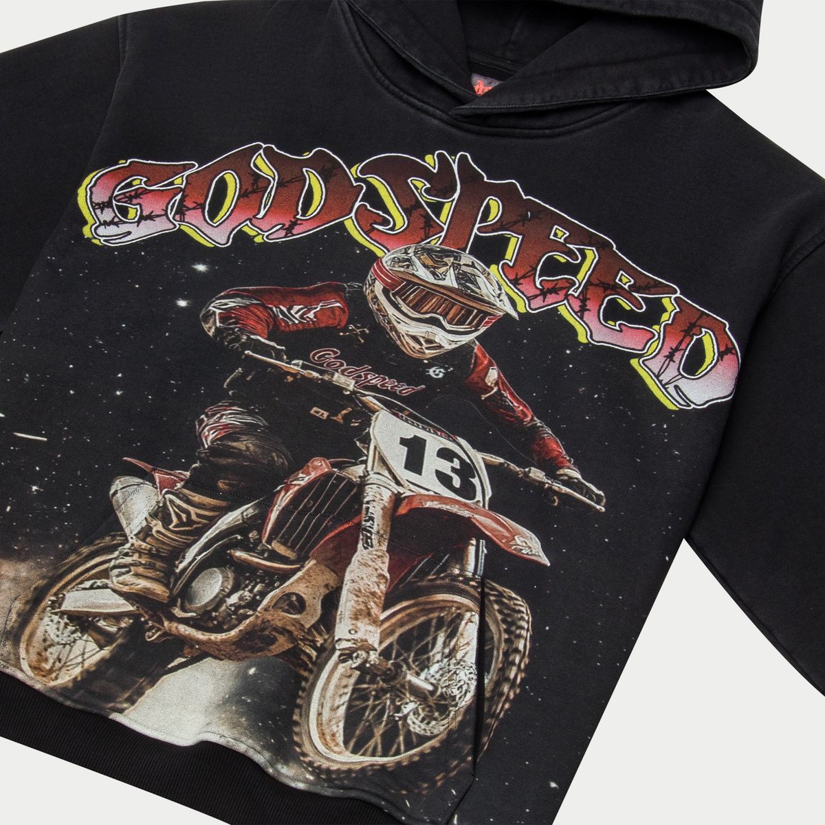 Godspeed Motocross medium-weight washed hoodie with art piece sleeve design and GS logo on the back, limited to 444 units