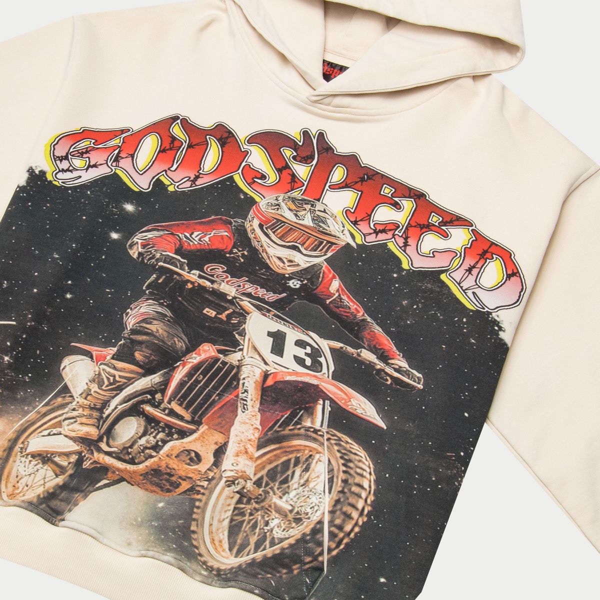 Godspeed Motocross medium-weight washed hoodie with art piece sleeve design and GS logo on the back, limited to 444 units
