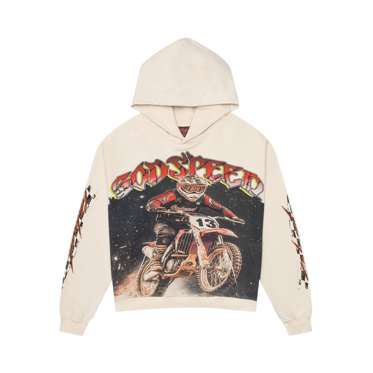 Godspeed Motocross medium-weight washed hoodie with art piece sleeve design and GS logo on the back, limited to 444 units