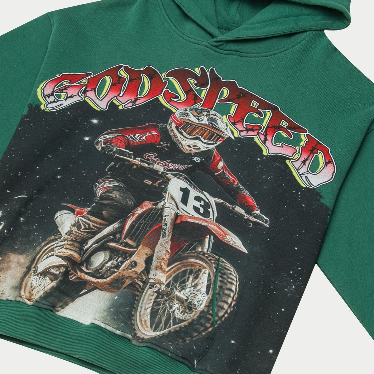 Godspeed Motocross medium-weight washed hoodie with art piece sleeve design and GS logo on the back, limited to 444 units