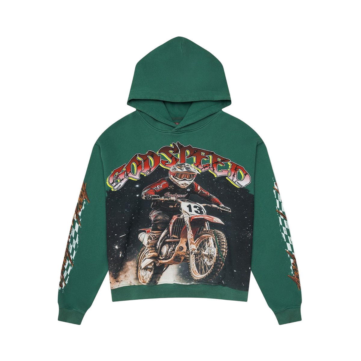 Godspeed Motocross medium-weight washed hoodie with art piece sleeve design and GS logo on the back, limited to 444 units