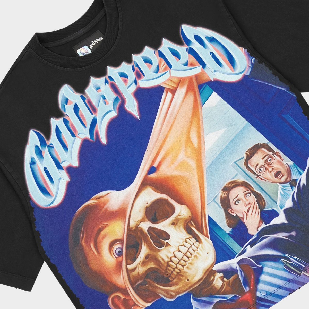 Godspeed Mask Off T-Shirt in Black Wash from the Rarity Collection, crafted from 10oz mid-weight washed fabric with a striking art piece.