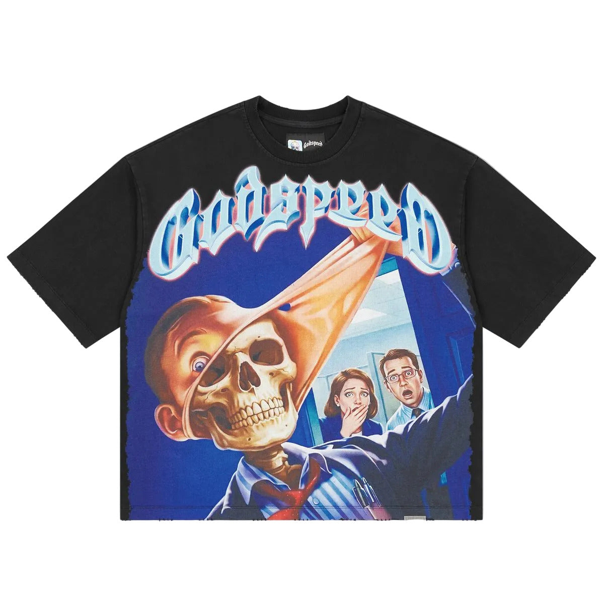 Godspeed Mask Off T-Shirt in Black Wash from the Rarity Collection, crafted from 10oz mid-weight washed fabric with a striking art piece.