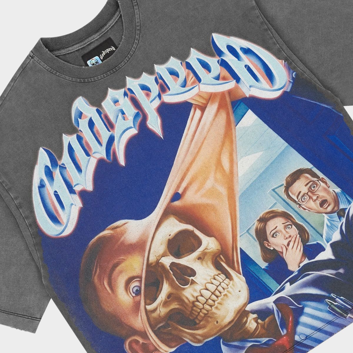 Godspeed Mask Off T-Shirt in Grey Wash from the Rarity Collection, crafted from 10oz mid-weight washed fabric with a striking art piece.