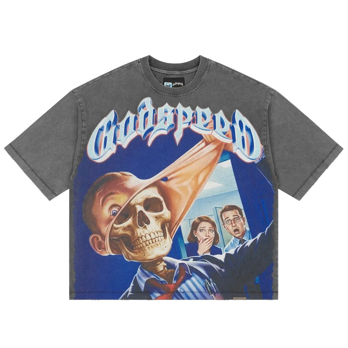 Godspeed Mask Off T-Shirt in Grey Wash from the Rarity Collection, crafted from 10oz mid-weight washed fabric with a striking art piece.