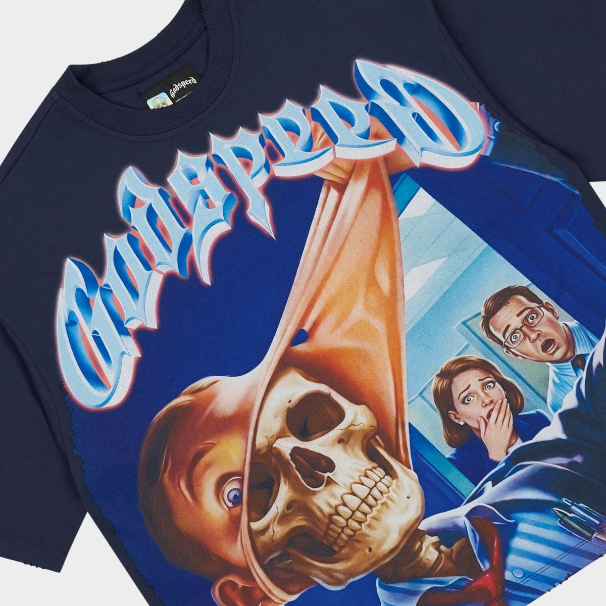 Godspeed Mask Off T-Shirt in Navy from the Rarity Collection, crafted from 10oz mid-weight washed fabric with a striking art piece.