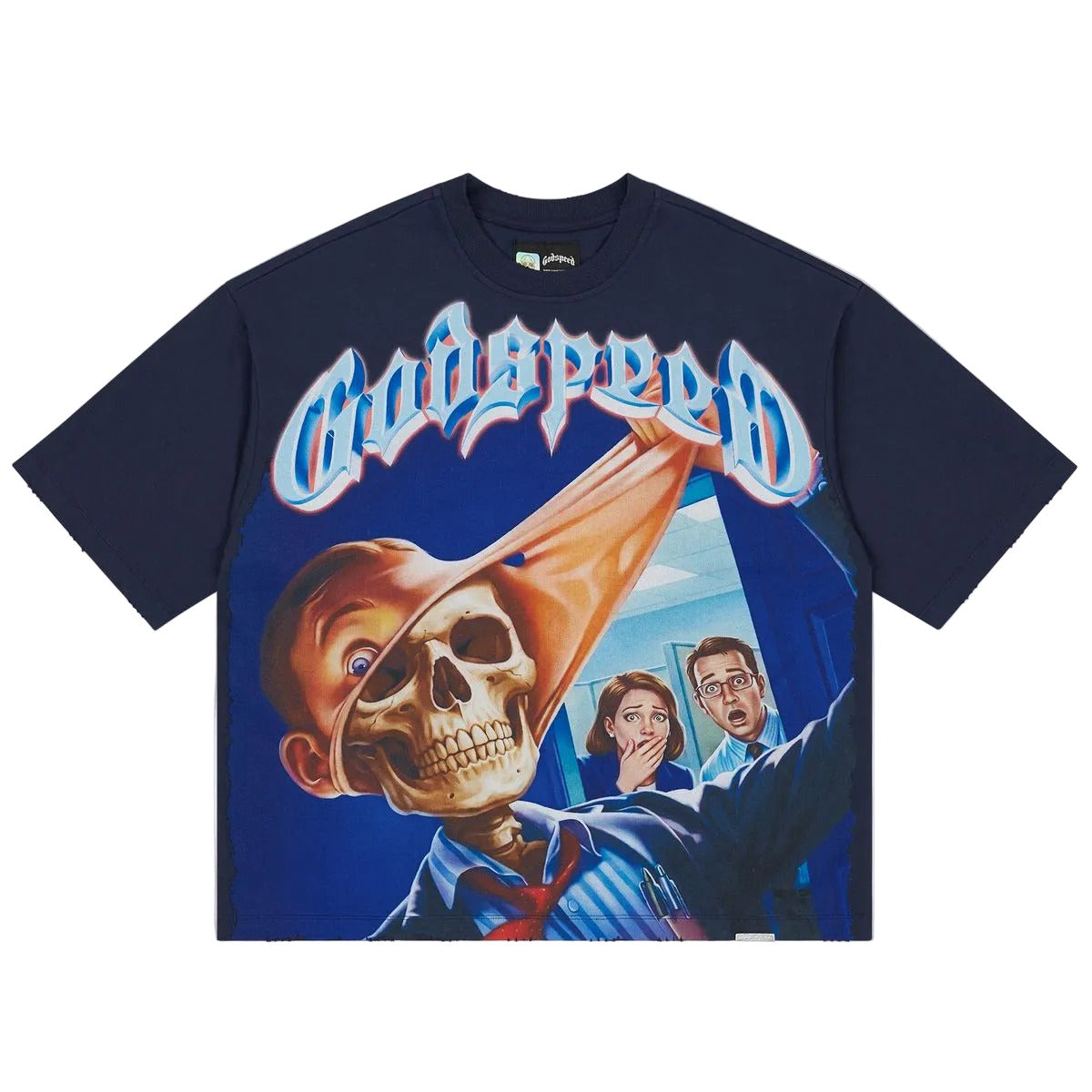 Godspeed Mask Off T-Shirt in Navy from the Rarity Collection, crafted from 10oz mid-weight washed fabric with a striking art piece.