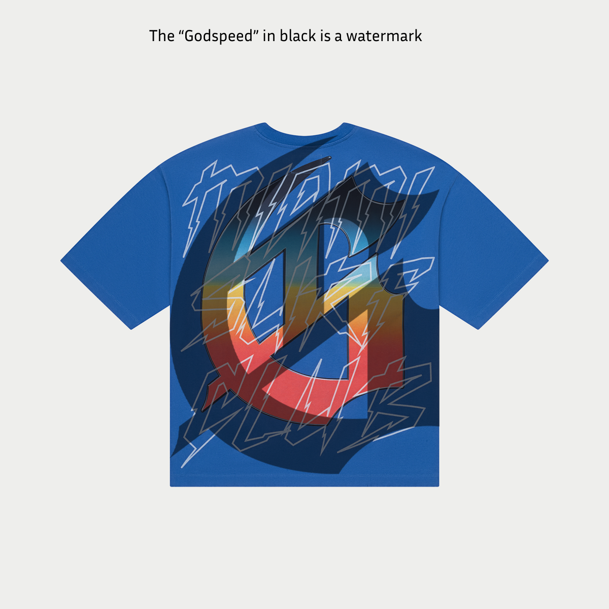 Godspeed Miami Surf Club T-Shirt in blue with digital art graphic, crafted from 10oz mid-weight washed fabric, limited to 555 numbered pieces.