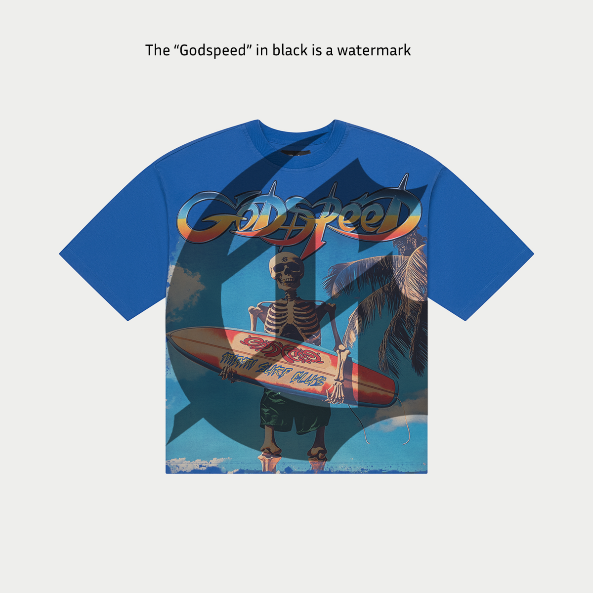 Godspeed Miami Surf Club T-Shirt in blue with digital art graphic, crafted from 10oz mid-weight washed fabric, limited to 555 numbered pieces.