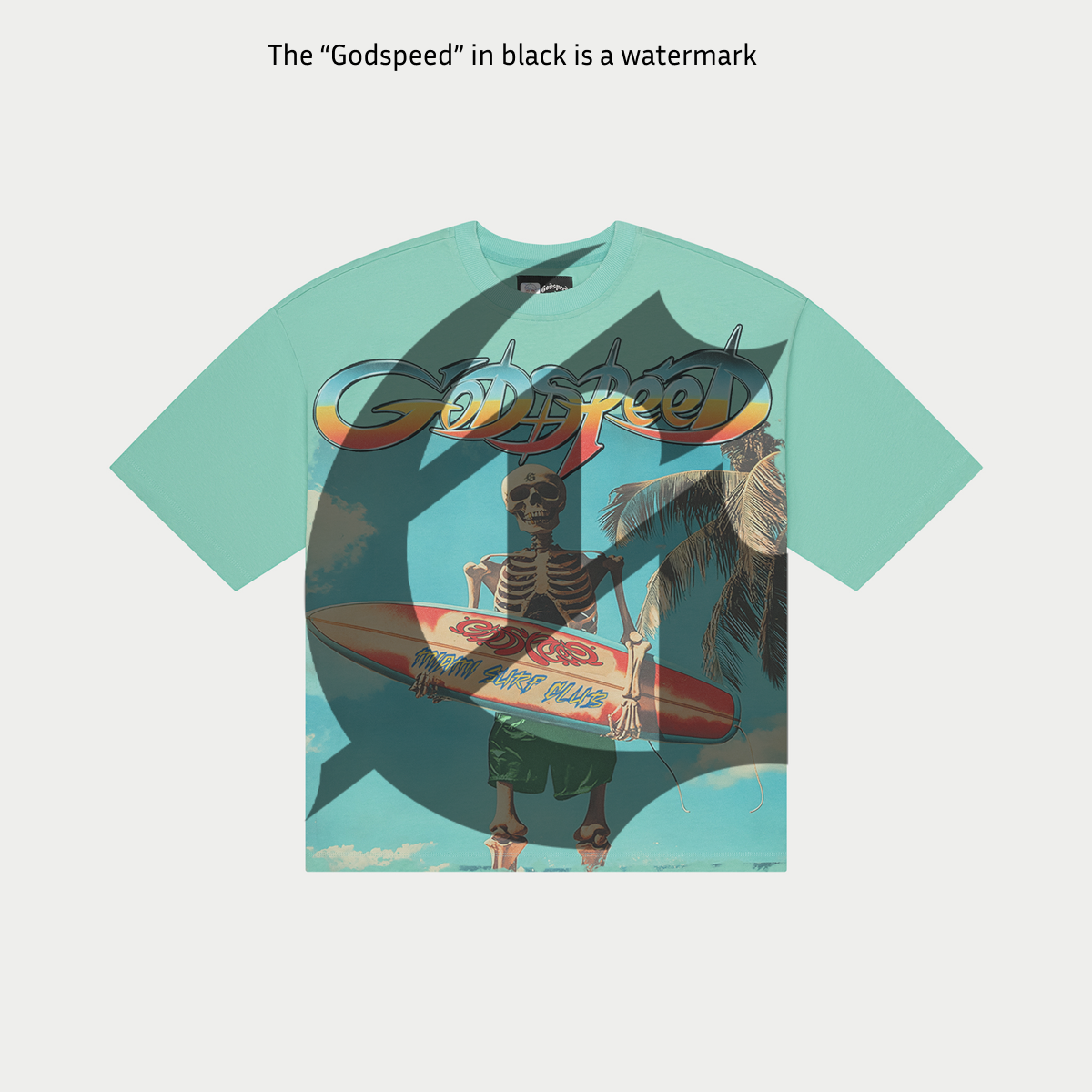 Godspeed Miami Surf Club T-Shirt in Teal with digital art graphic, crafted from 10oz mid-weight washed fabric, limited to 555 numbered pieces.