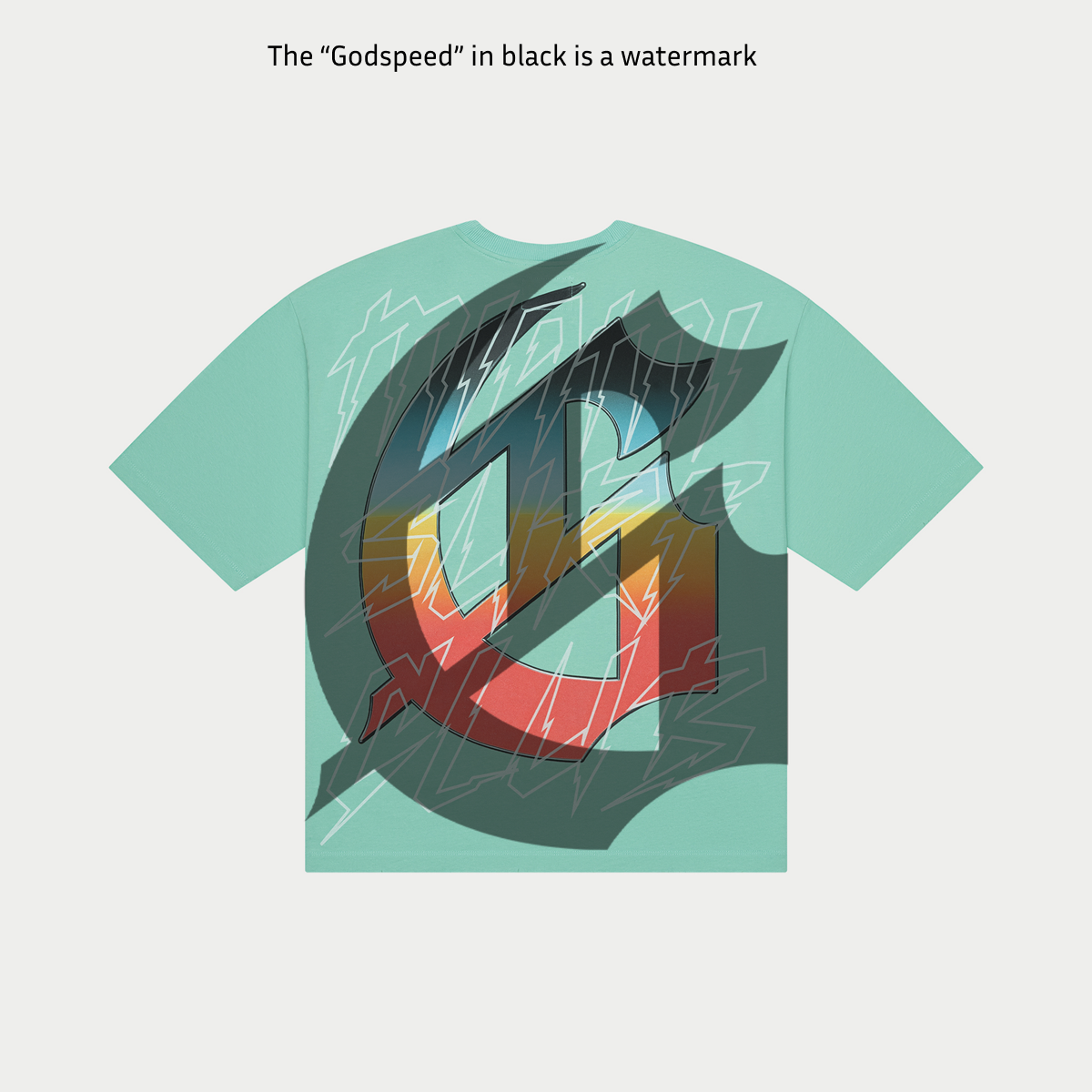 Godspeed Miami Surf Club T-Shirt in Teal with digital art graphic, crafted from 10oz mid-weight washed fabric, limited to 555 numbered pieces.