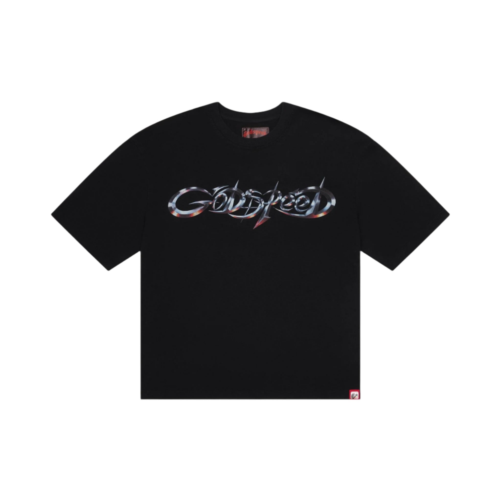 Black t-shirt with a metallic logo on a light gray background