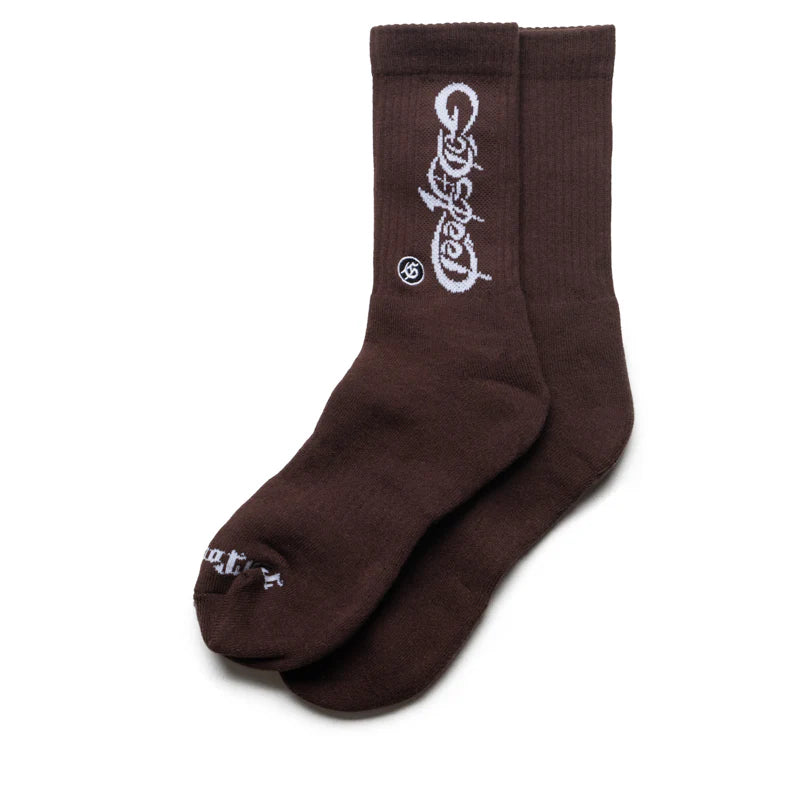 Godspeed New Age Logo socks in brown with knit branding, embroidered GS logo, and crew height streetwear design