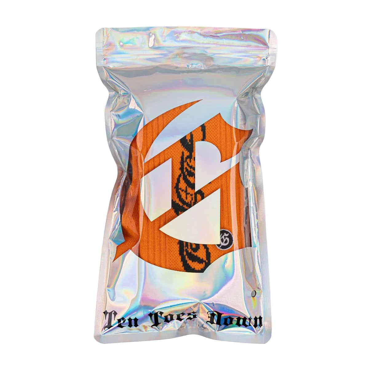 Godspeed GS New Age Logo orange sock with “Stay 10 toes down” text design