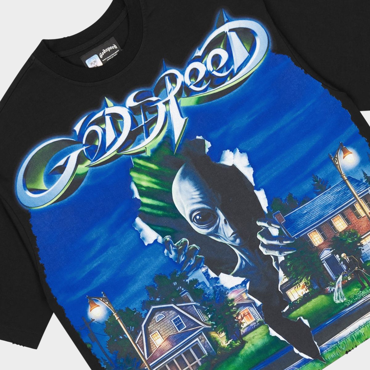Godspeed Neighborhood Watch Black T-shirt from the Rarity Collection, crafted from 10oz mid-weight washed fabric with a striking art piece.