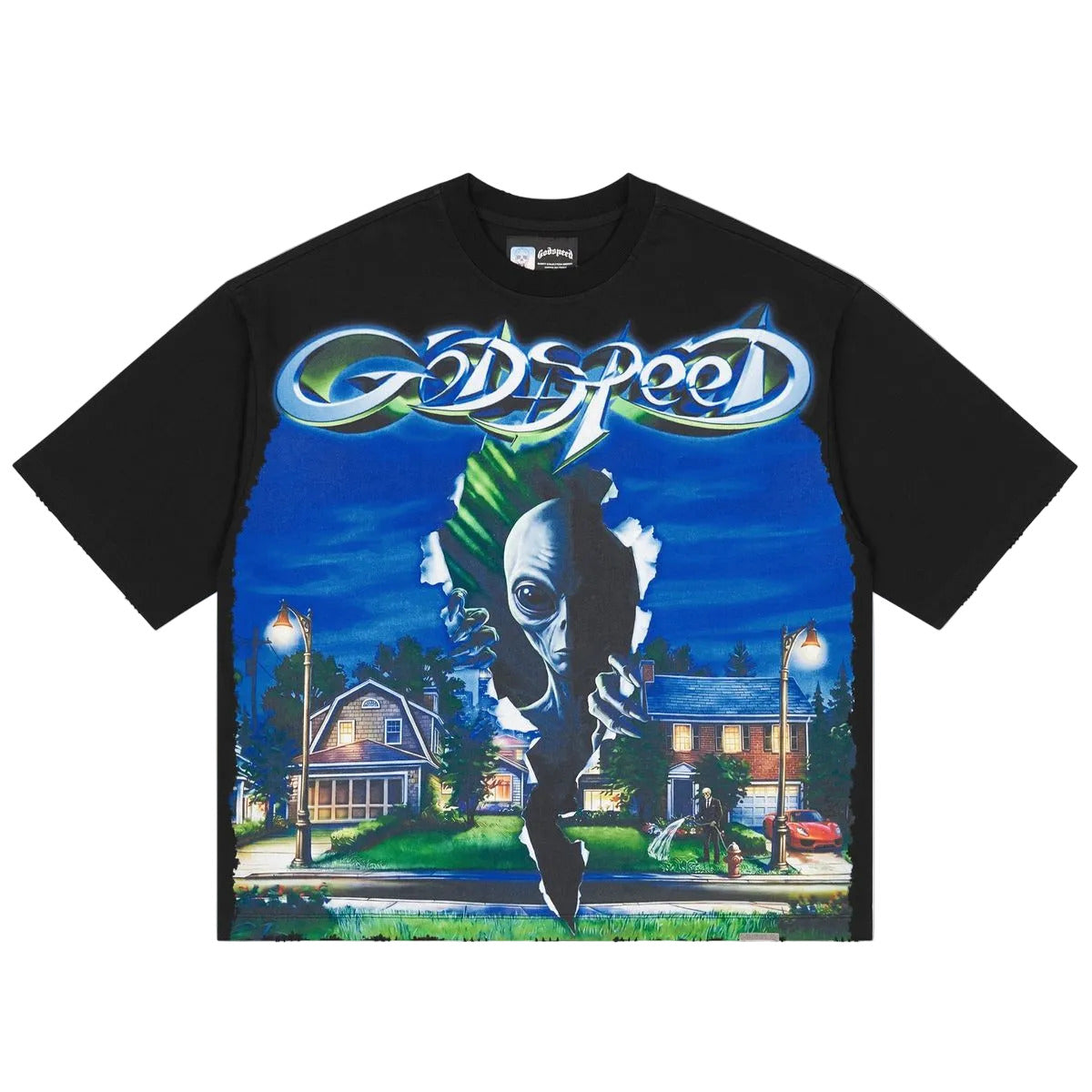 Godspeed Neighborhood Watch Black T-shirt from the Rarity Collection, crafted from 10oz mid-weight washed fabric with a striking art piece.