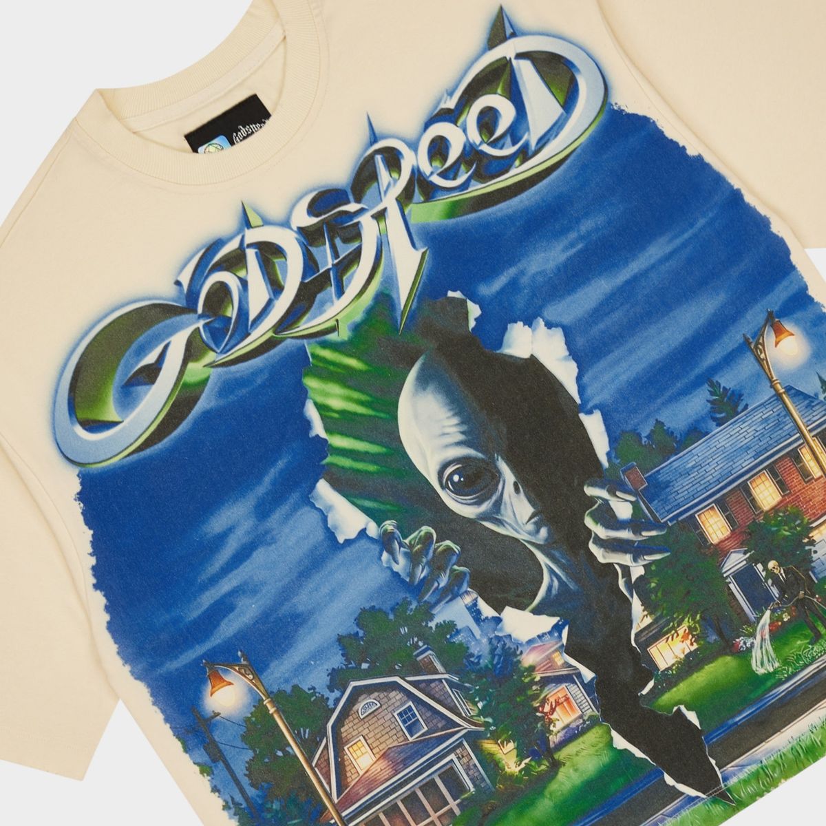 Godspeed Neighborhood Watch Bone T-shirt from the Rarity Collection, crafted from 10oz mid-weight washed fabric with a striking art piece.