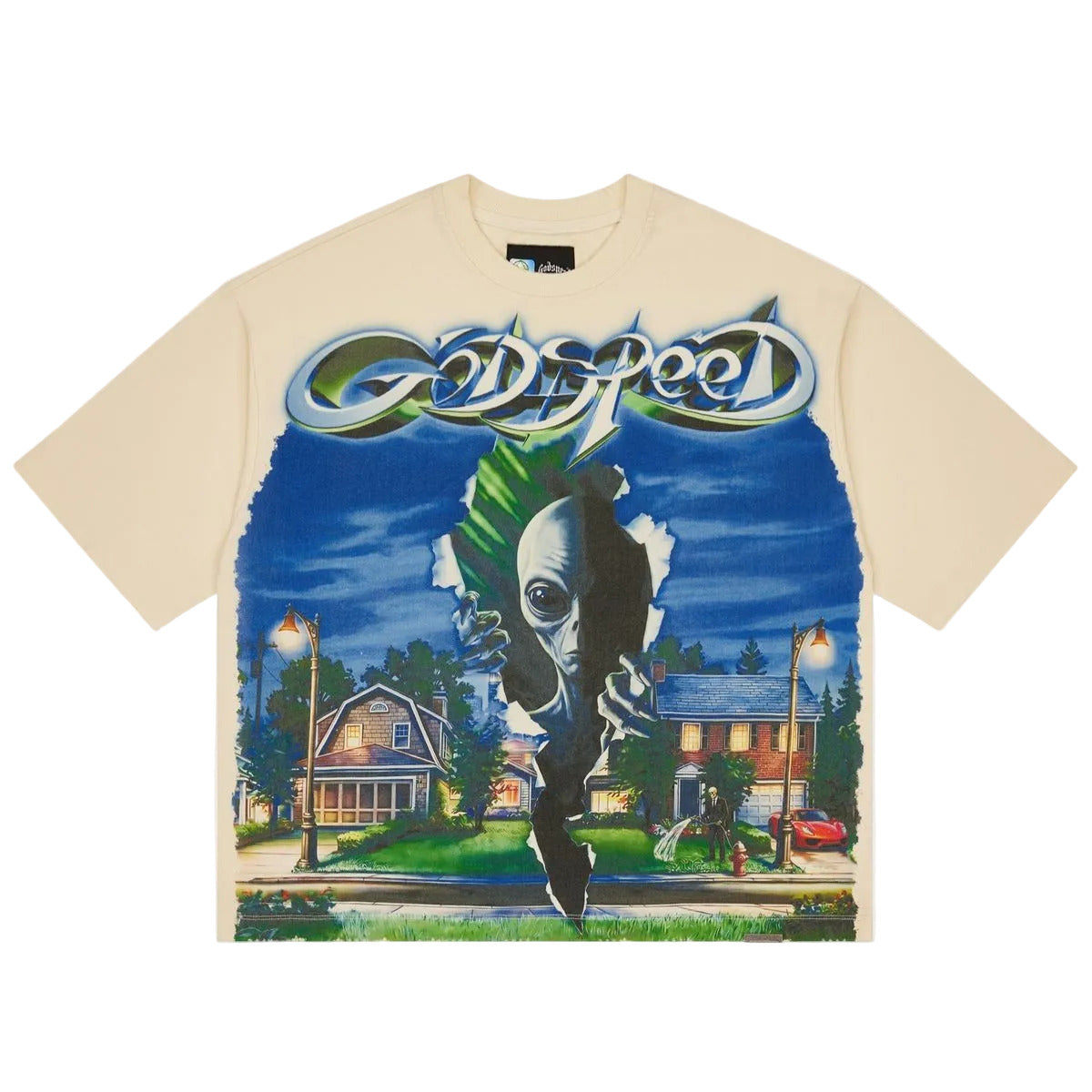 Godspeed Neighborhood Watch Bone T-shirt from the Rarity Collection, crafted from 10oz mid-weight washed fabric with a striking art piece.