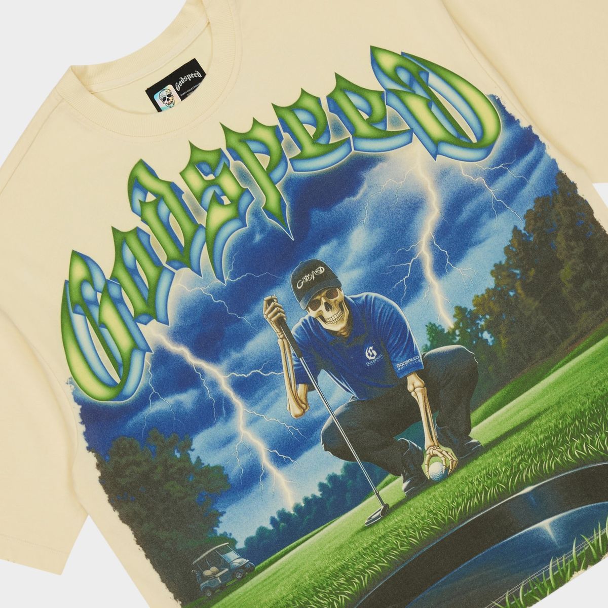 Godspeed No Mulligans Bone T-shirt from the Rarity Collection, crafted from 10oz mid-weight washed fabric with a striking art piece and stones around the crown.