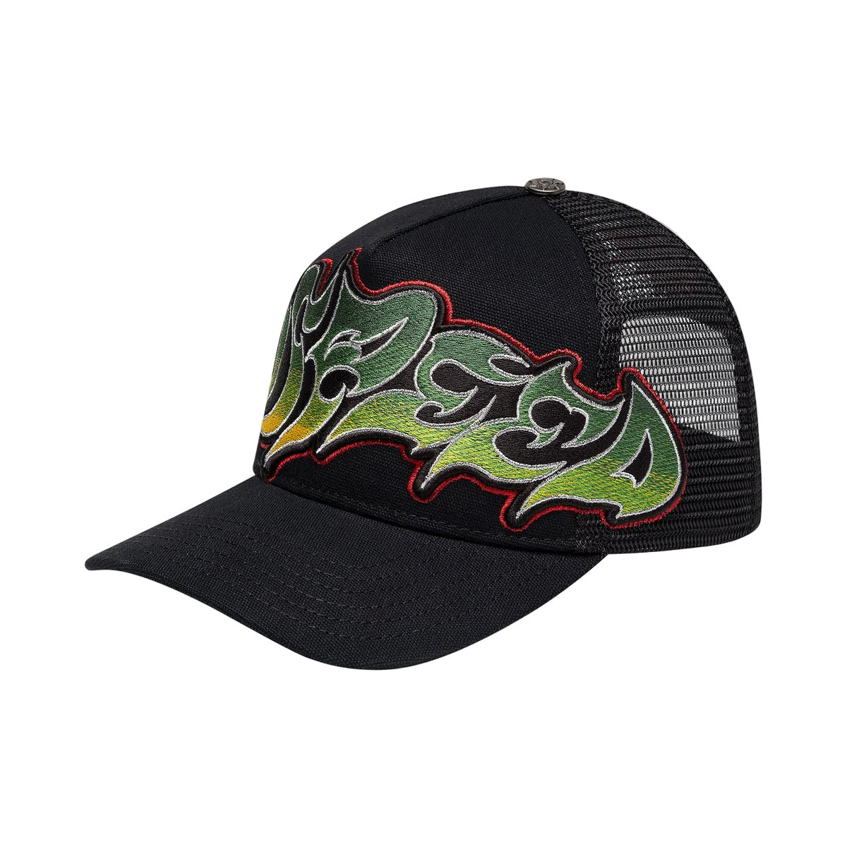 Godspeed Neo Trucker Hat in Black/Yellow/Red with oversized next-generation logo, limited edition box, and 3-piece pin set.