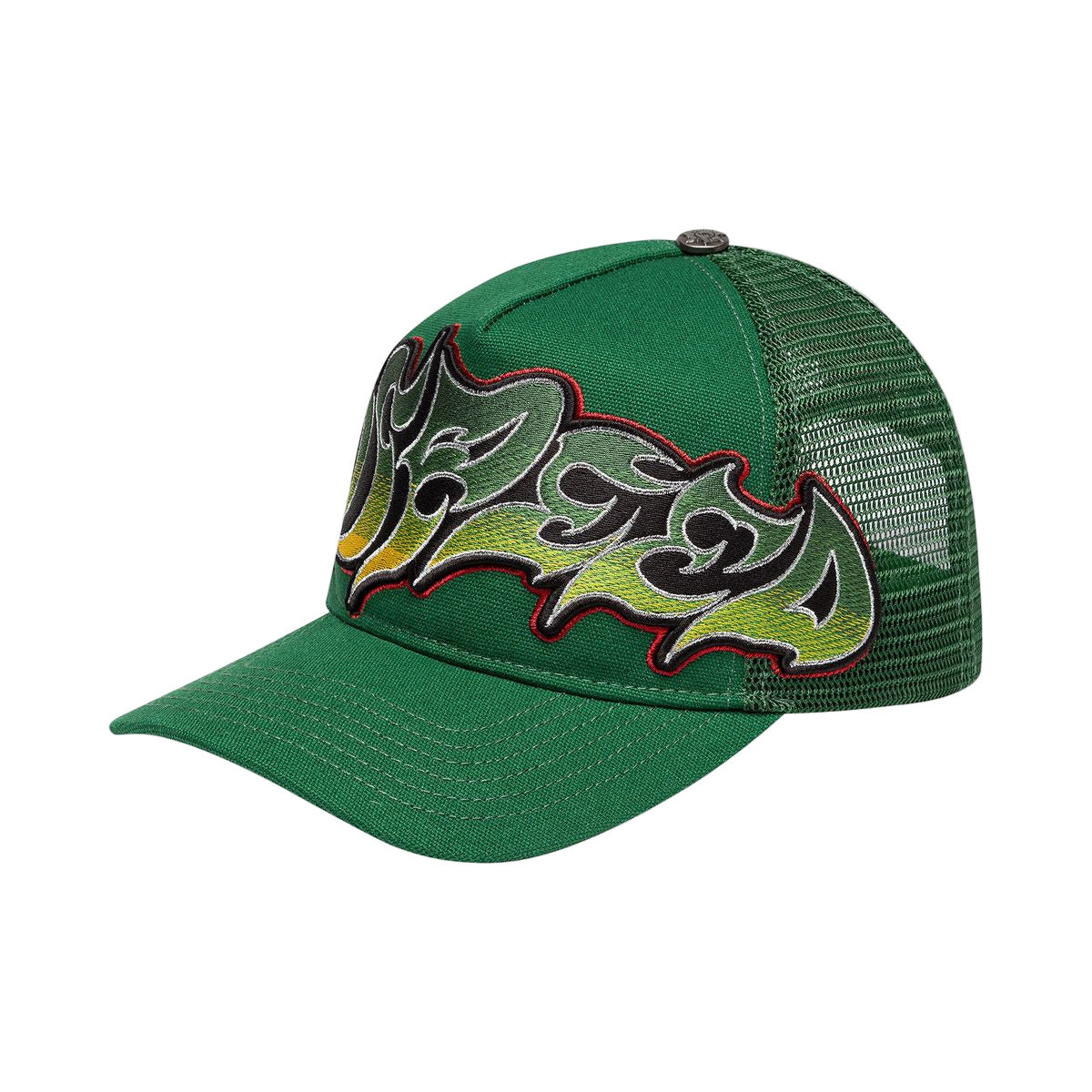 Godspeed Neo Trucker Hat in Green/Yellow/Red with oversized next-generation logo, limited edition box, and 3-piece pin set.