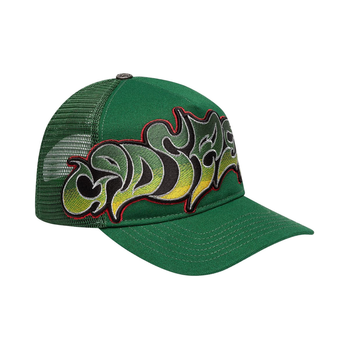 Godspeed Neo Trucker Hat in Green/Yellow/Red with oversized next-generation logo, limited edition box, and 3-piece pin set.