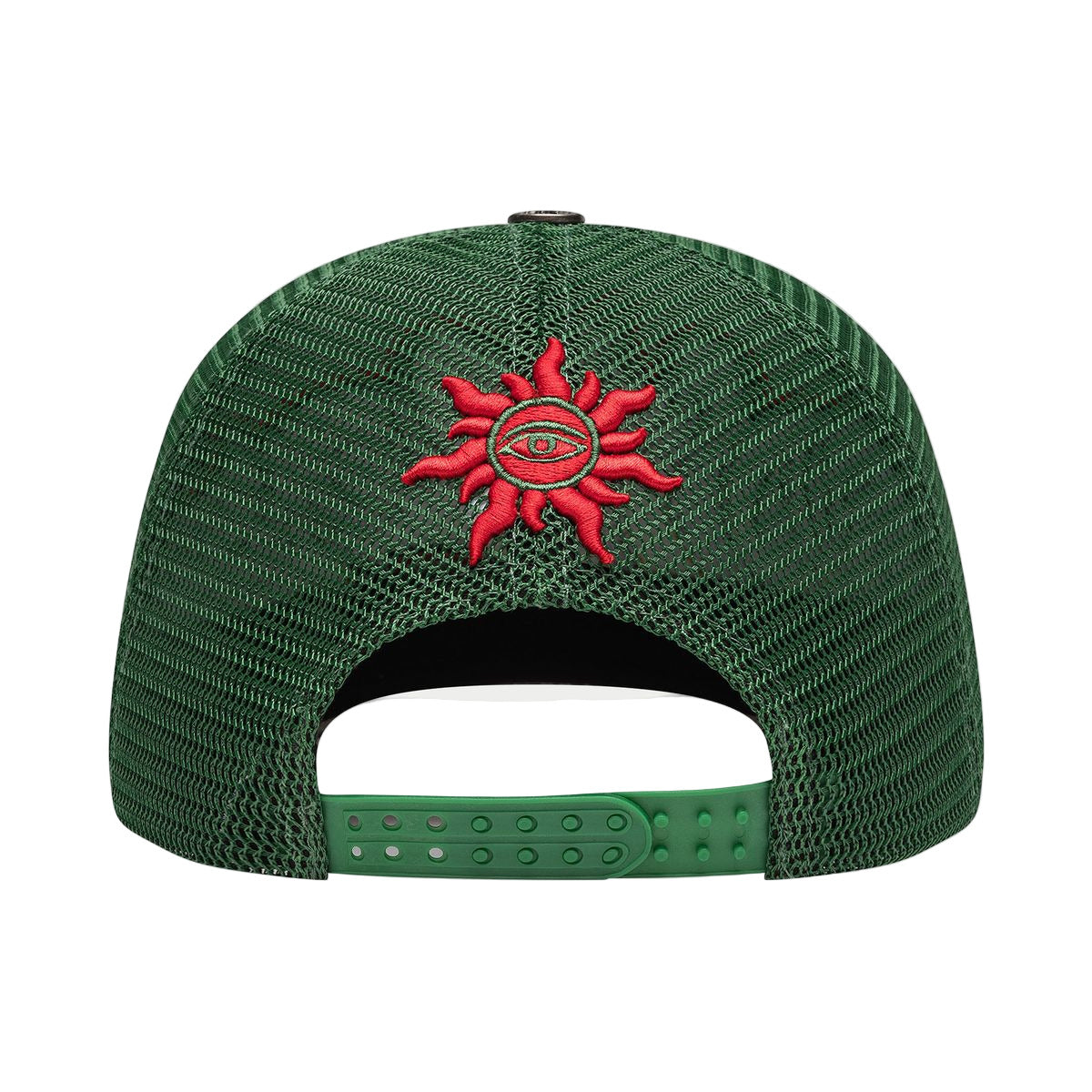 Godspeed Neo Trucker Hat in Green/Yellow/Red with oversized next-generation logo, limited edition box, and 3-piece pin set.
