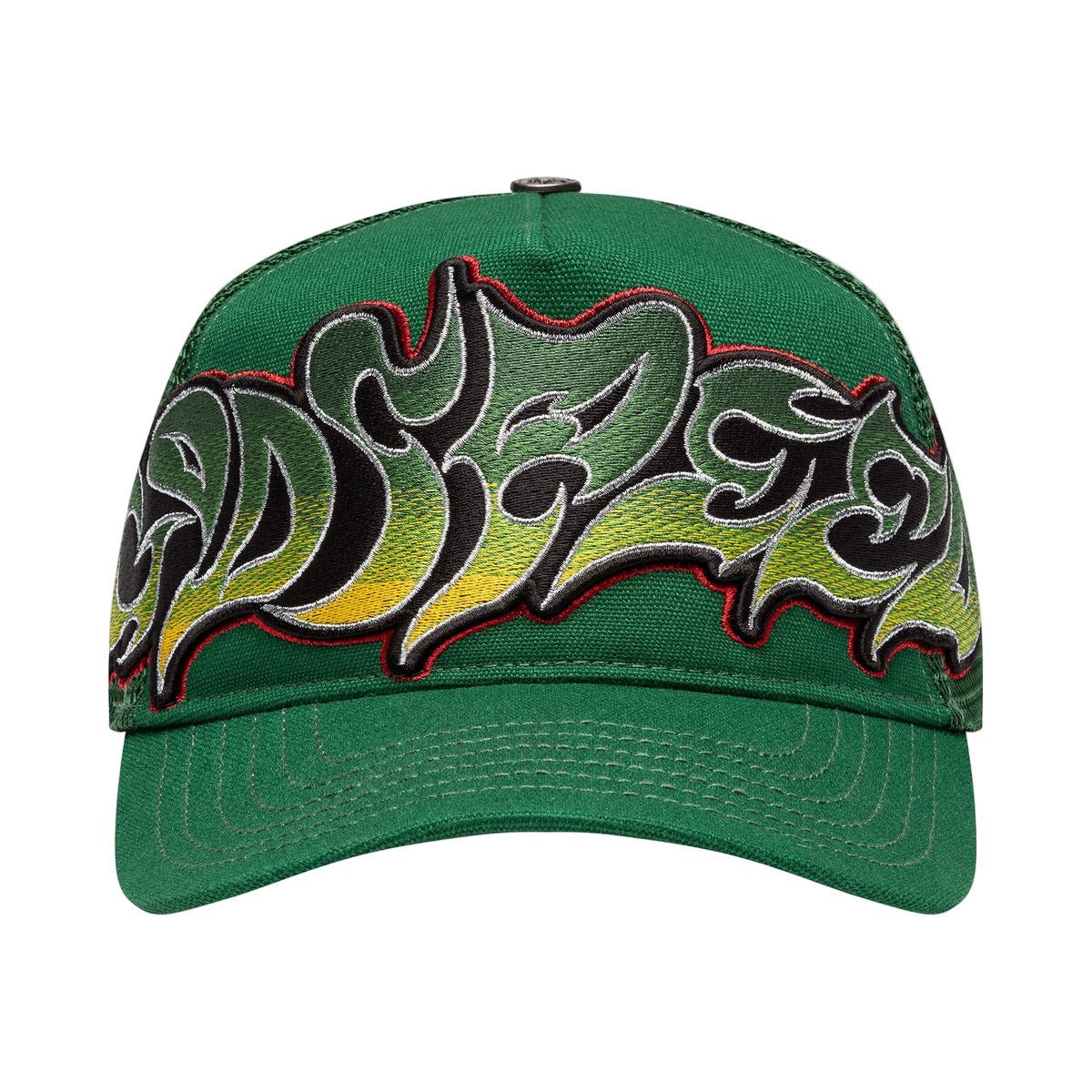 Godspeed Neo Trucker Hat in Green/Yellow/Red with oversized next-generation logo, limited edition box, and 3-piece pin set.