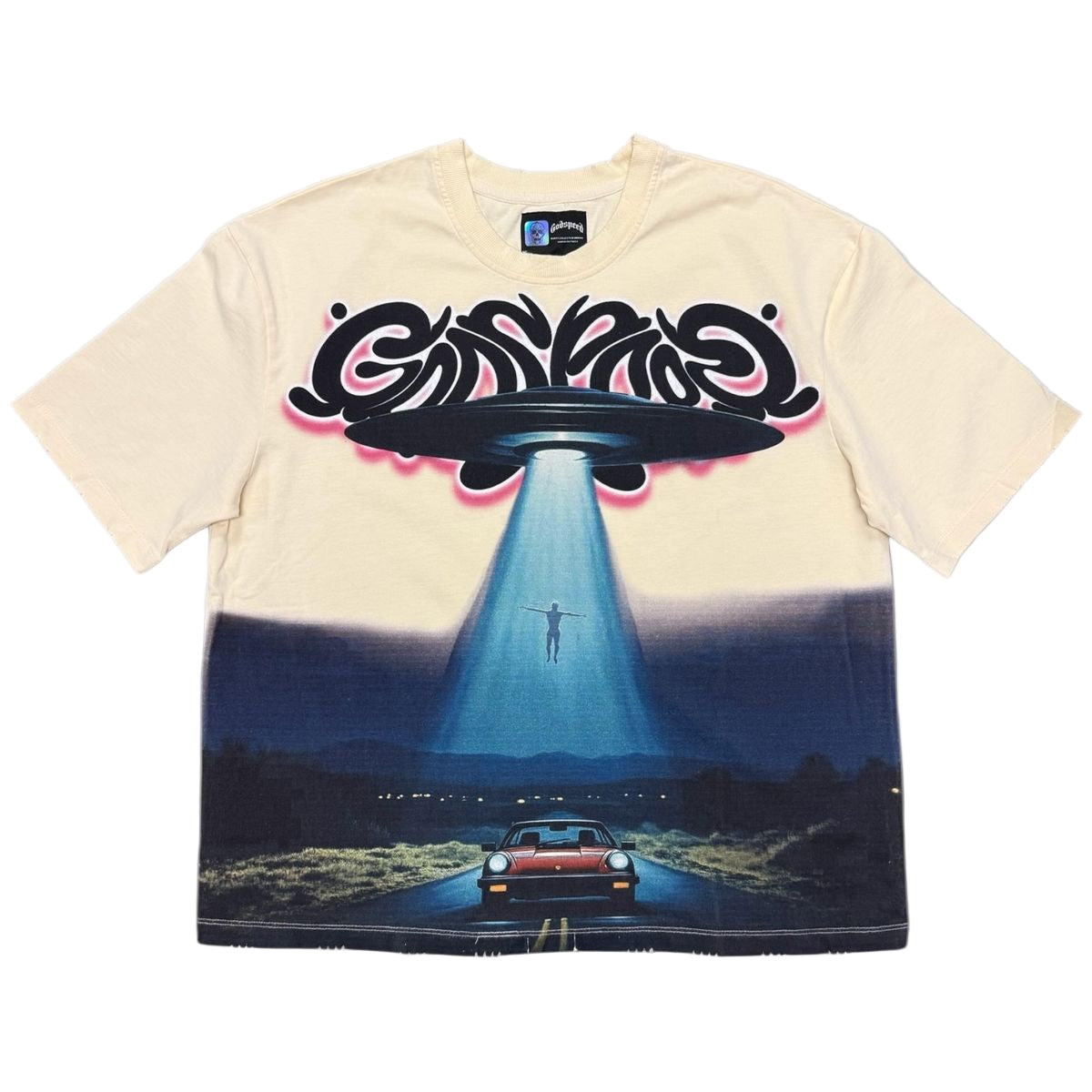 Godspeed O.ut-of B.ody E.xperience limited edition T-shirt crafted from mid-weight washed cotton with exclusive artwork and stone crown detailing.