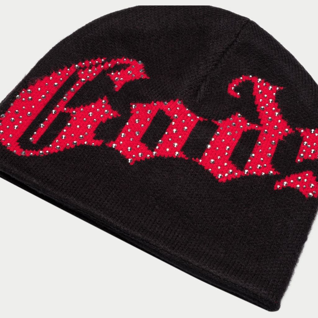 Godspeed OG Logo Beanie in black and red with all-over jacquard knit pattern and plush-feel material.