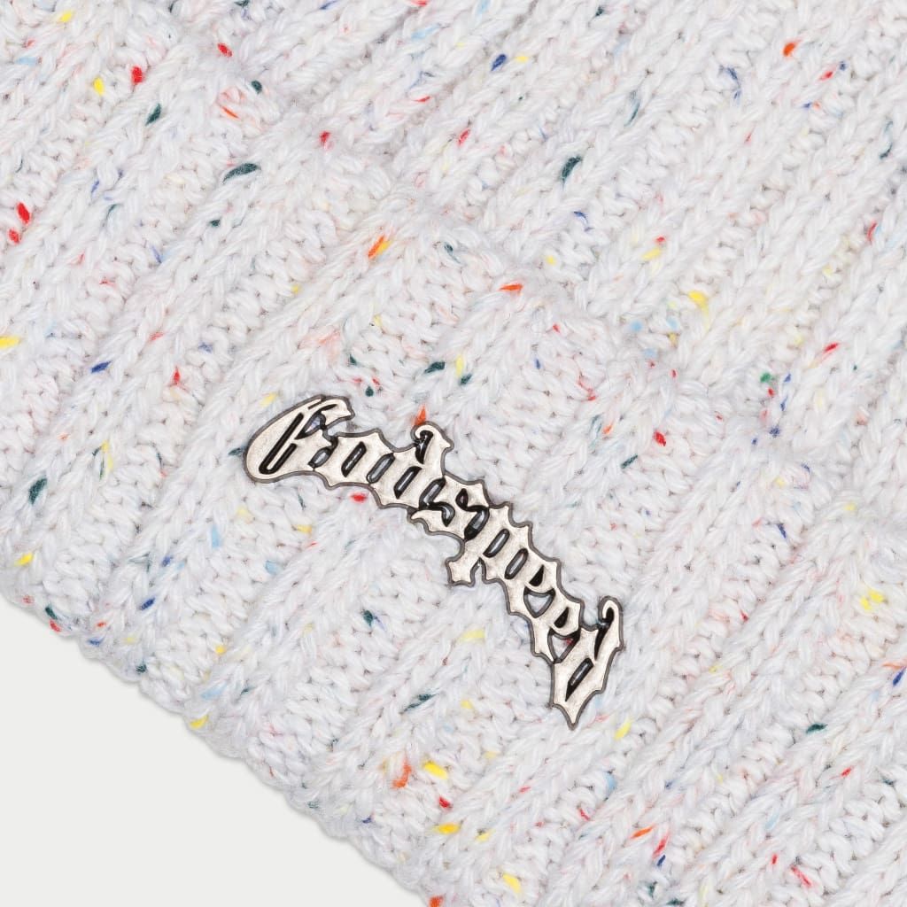 Godspeed OG Logo Emblem Beanie in Birthday Cake color with metal logo on front, crafted from heavyweight knit fabric.