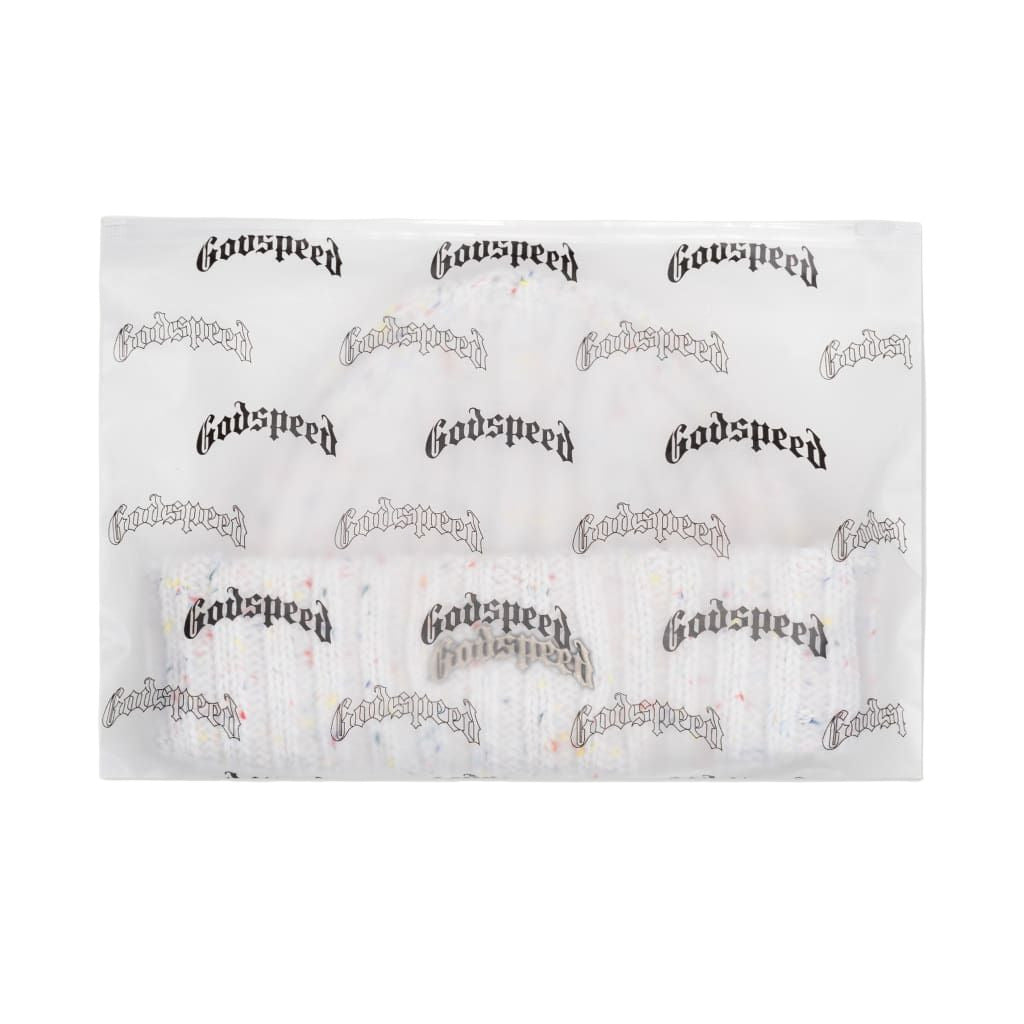 Godspeed OG Logo Emblem Beanie in Birthday Cake color with metal logo on front, crafted from heavyweight knit fabric.