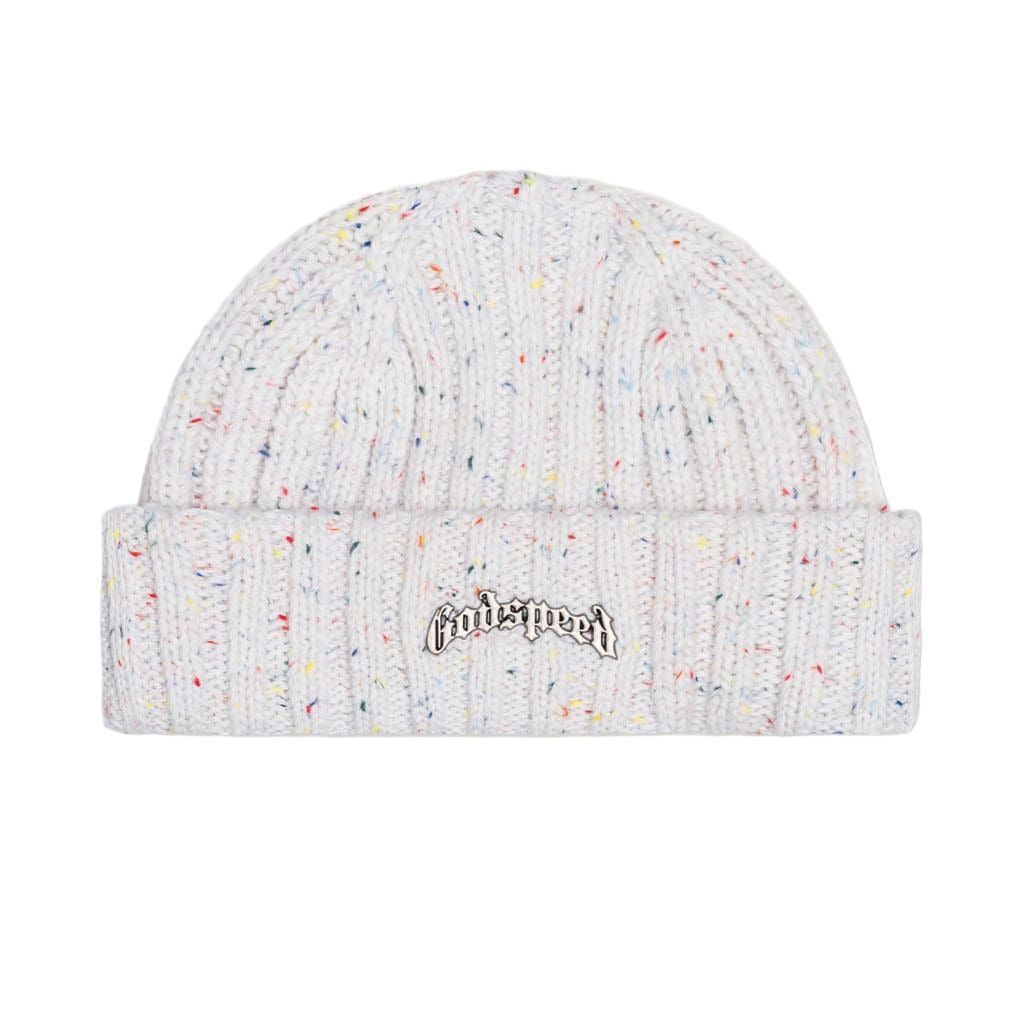 Godspeed OG Logo Emblem Beanie in Birthday Cake color with metal logo on front, crafted from heavyweight knit fabric.