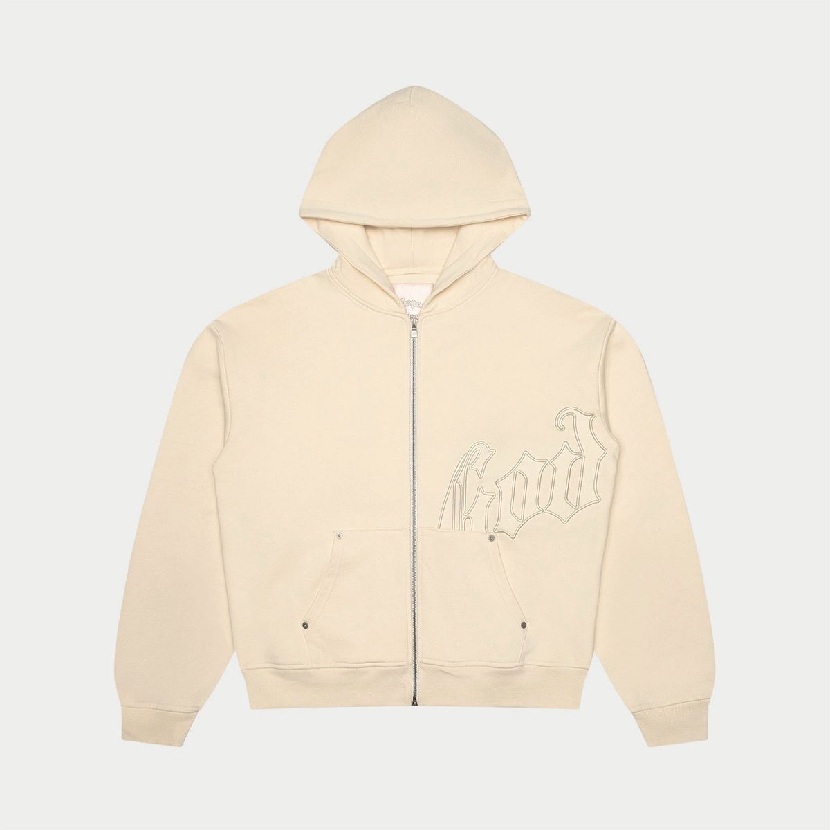 Godspeed OG Logo Sweatsuit in Double Bone, featuring hoodie and matching bottoms with applique embroidered logo.