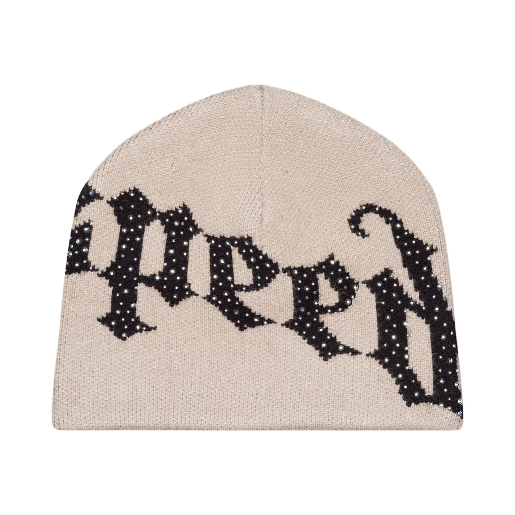 Godspeed OG Logo Studded Beanie in Bone color, midweight Jacquard knit with black and white OG logo pattern