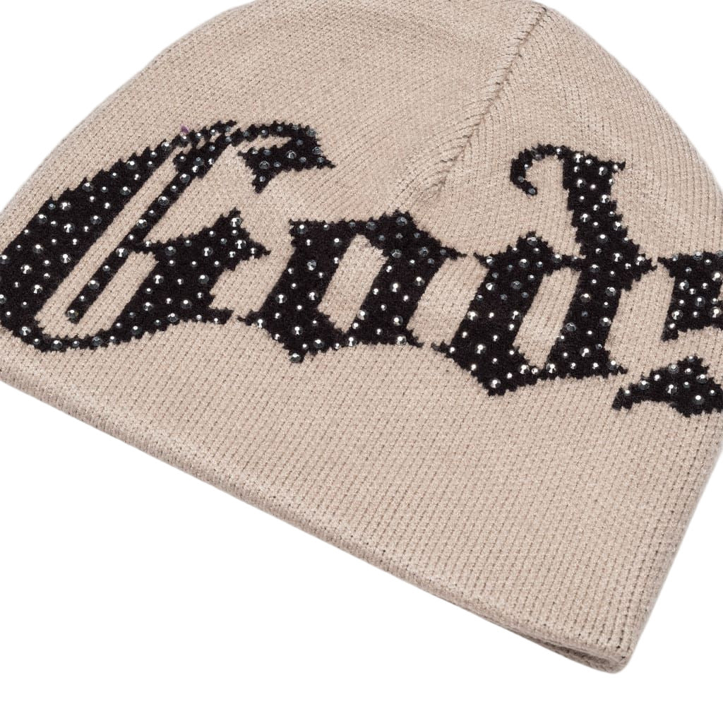 Godspeed OG Logo Studded Beanie in Bone color, midweight Jacquard knit with black and white OG logo pattern