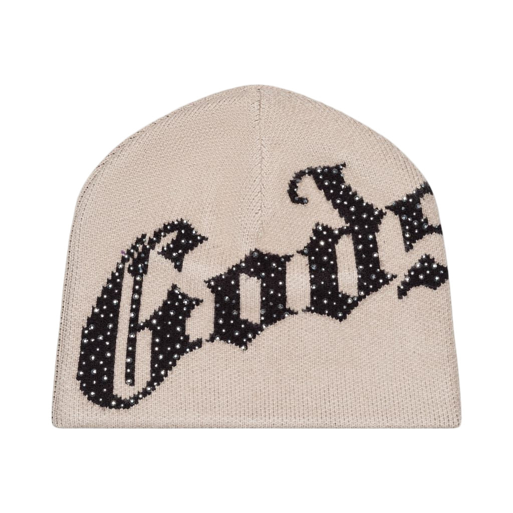 Godspeed OG Logo Studded Beanie in Bone color, midweight Jacquard knit with black and white OG logo pattern