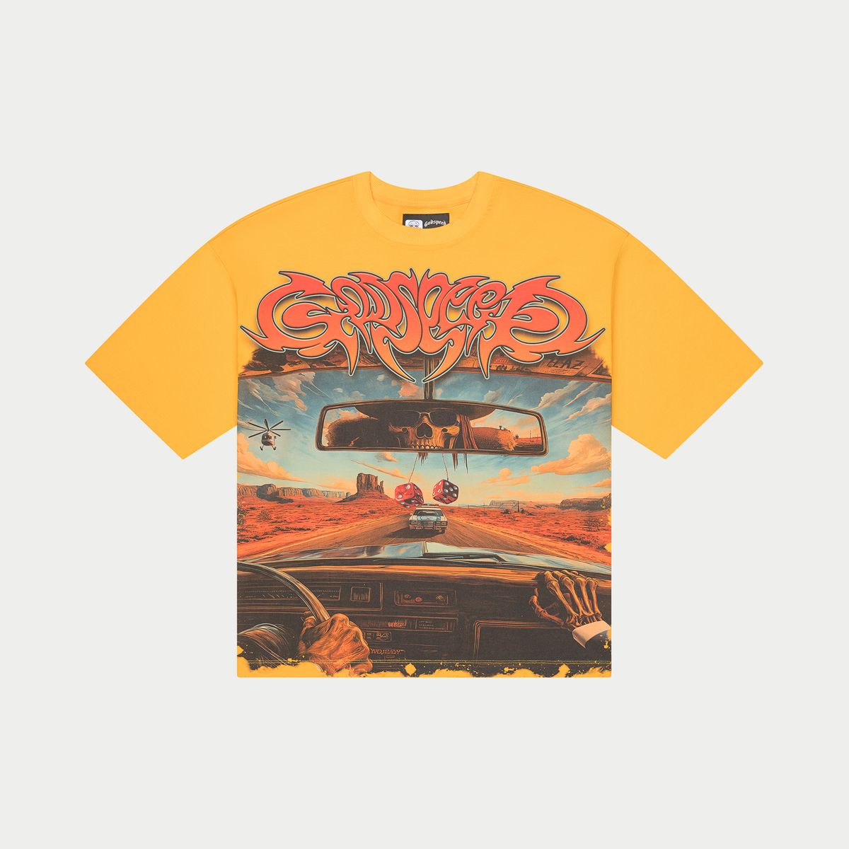 Godspeed On The Run T-Shirt in Canary Yellow featuring bold digital artwork, heavyweight washed cotton, oversized fit, and limited to 444 pieces.