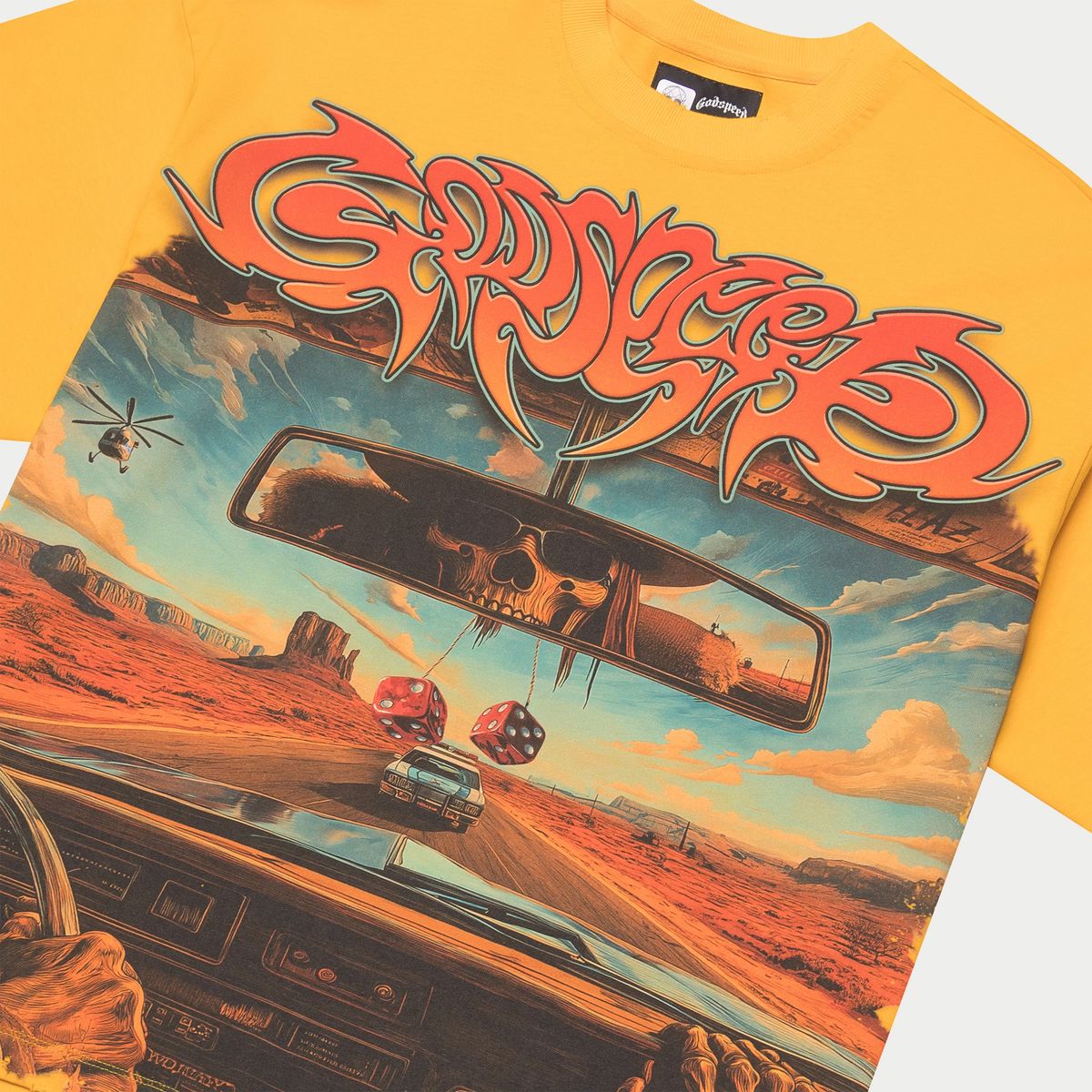 Godspeed On The Run T-Shirt in Canary Yellow featuring bold digital artwork, heavyweight washed cotton, oversized fit, and limited to 444 pieces.