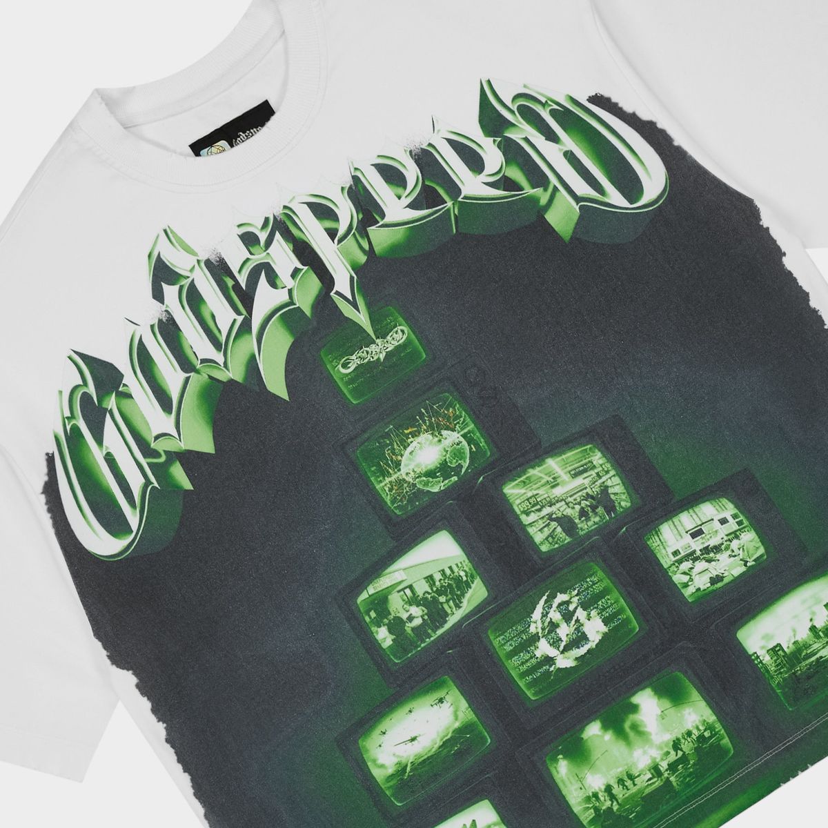 Godspeed Overstimulation White T-shirt from the Rarity Collection, crafted from 10oz mid-weight washed fabric with a striking art piece and stones around the crown.