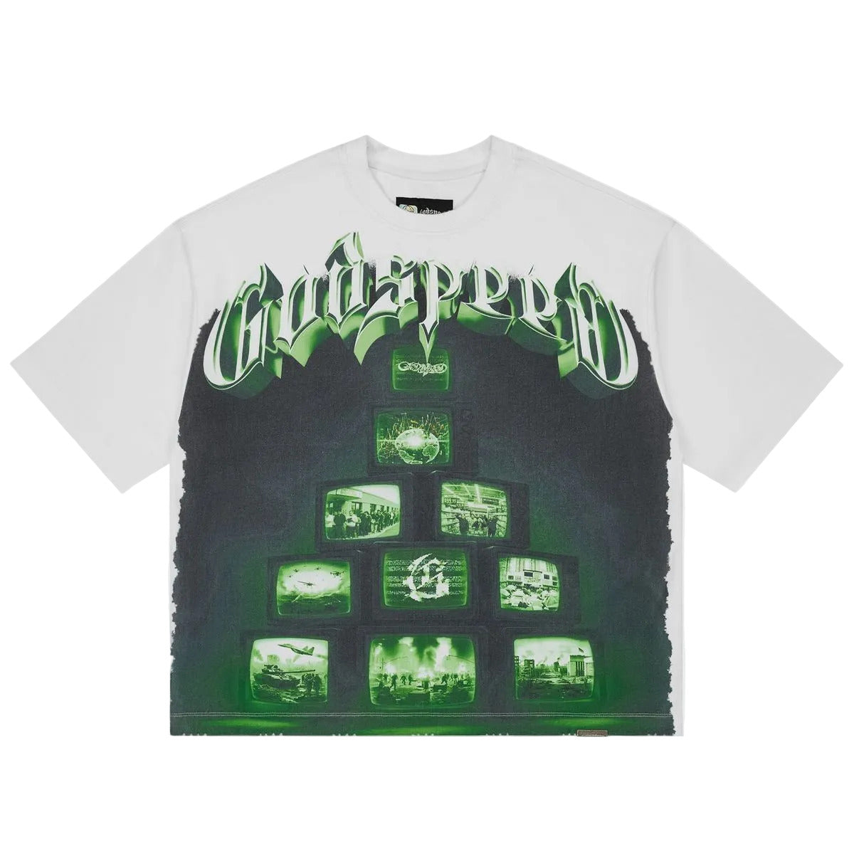 Godspeed Overstimulation White T-shirt from the Rarity Collection, crafted from 10oz mid-weight washed fabric with a striking art piece and stones around the crown.