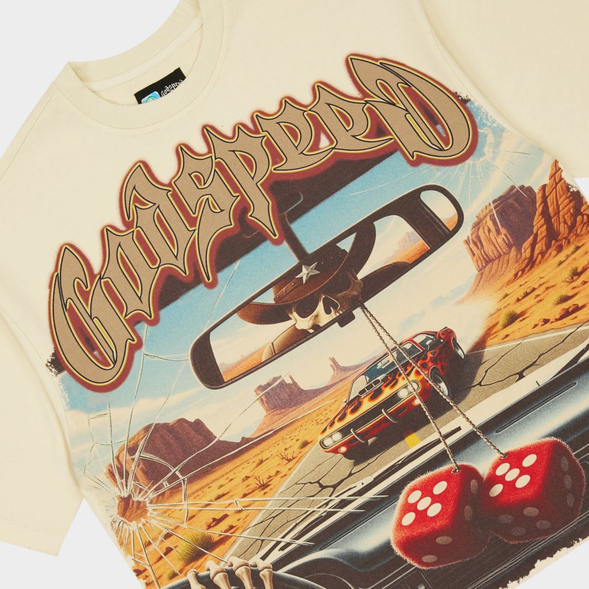 Godspeed On The Run II T-shirt featuring exclusive digital artwork, premium 10oz washed cotton construction, and a numbered authenticity tag from the limited 444-piece Rarity Collection.